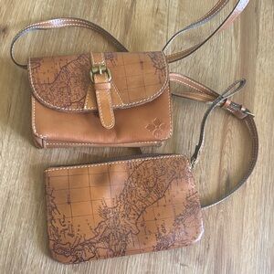 Patricia Nash Tan Leather Crossbody Bag & Wrislet with Map Design